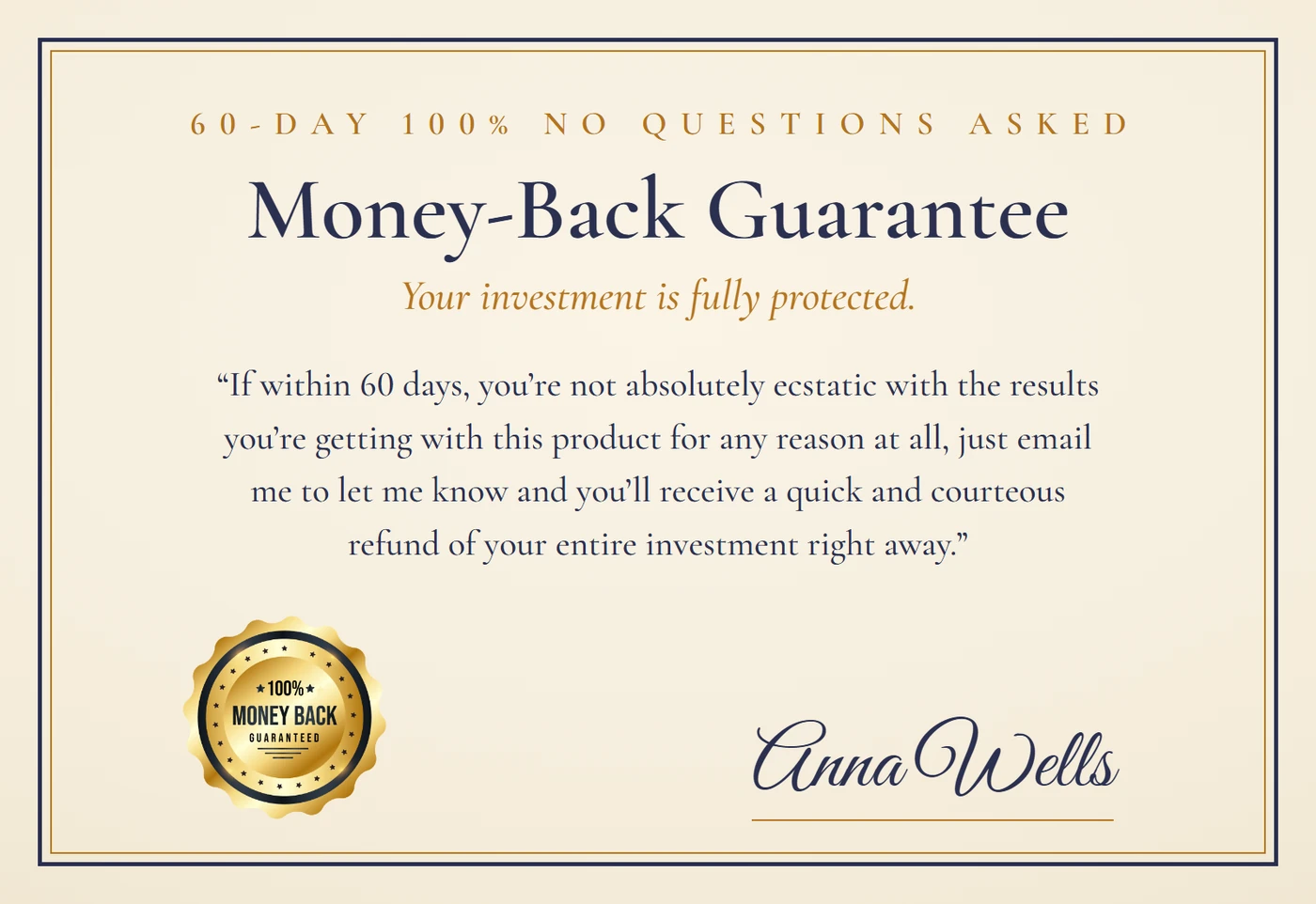 60-Day 100% No Questions Asked Money-Back Guarantee certificate, signed Anna Wells